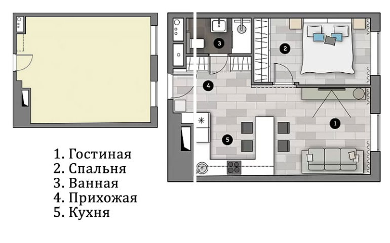 Plan de zone odnushki de 43 m² après refaire en pièce kopeck