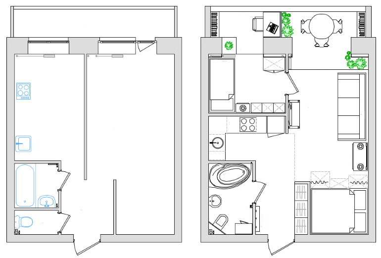 Planifier la zone odnushki de 55 m² avant et après refaire en pièce kopeck