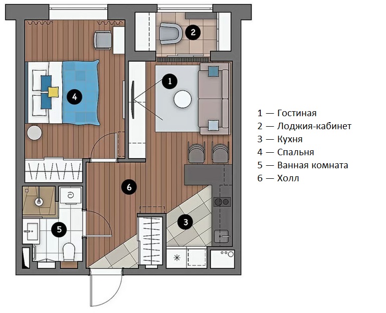 Plan de conversion odnushki 55 m² en trois roubles