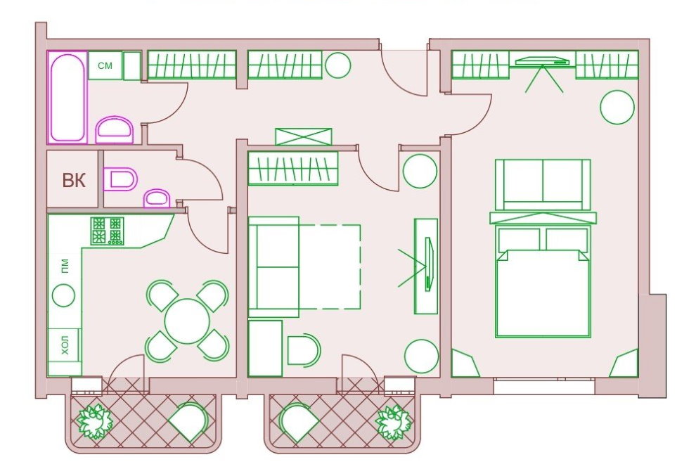 Furniture plan in an apartment with balconies