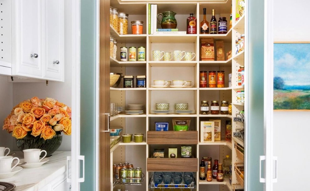 Dishes and products on shelves in the pantry
