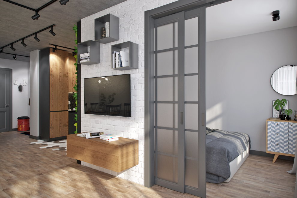 Sliding door to the bedroom of a two-room apartment