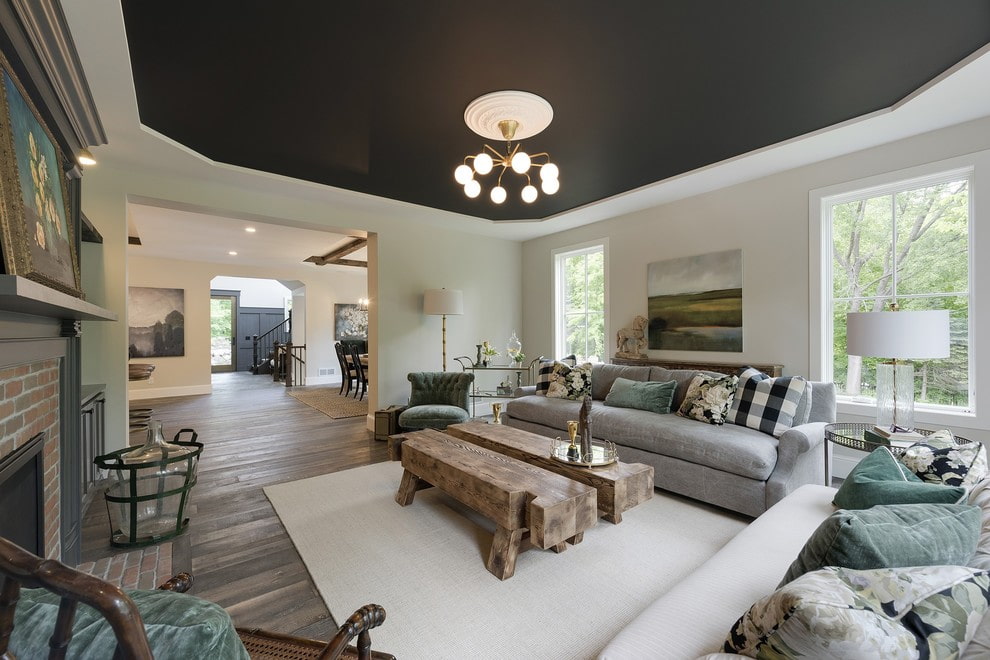 Spacious living room with a dark suspended ceiling