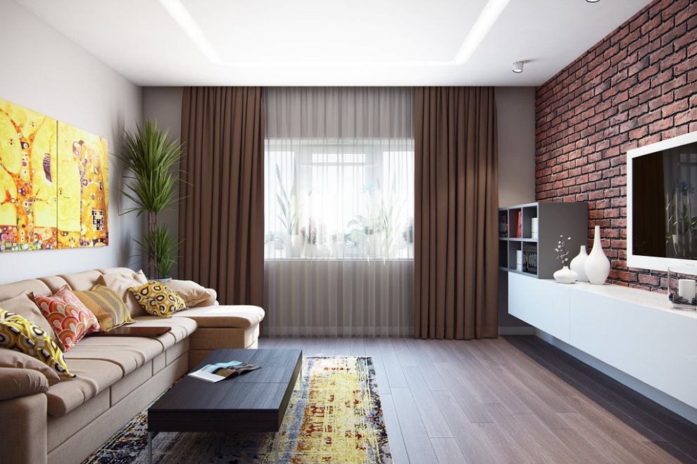 Téglafal a modern apartman nappali szobájában