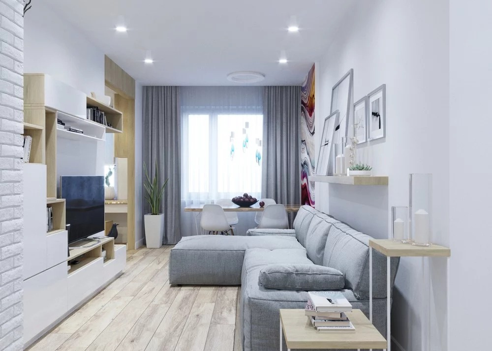 úzký skandinávský styl obývacího pokoje fotografie