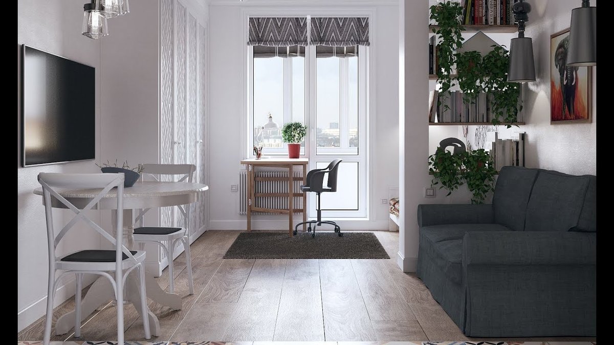 úzký skandinávský obývací pokoj