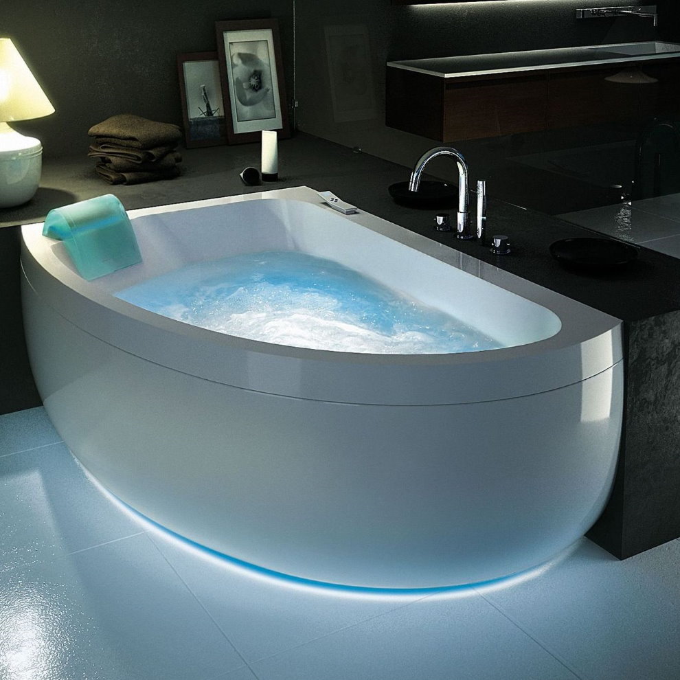 Corner cast-iron bathtub with integrated lighting