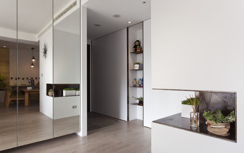 Mirrored cabinet doors in a studio apartment