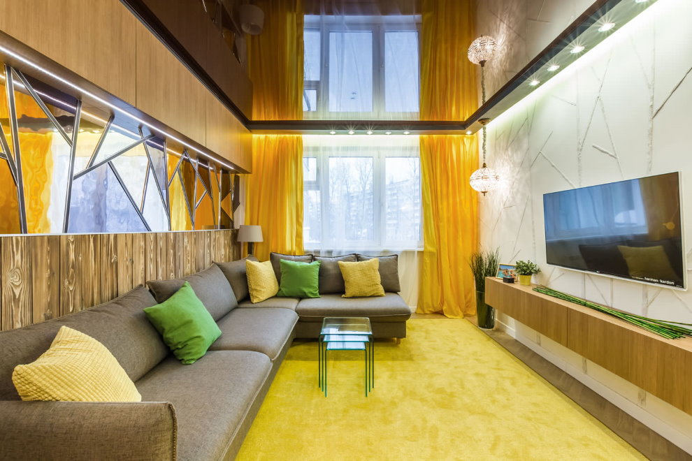 Yellow curtains in the room with stretch ceiling