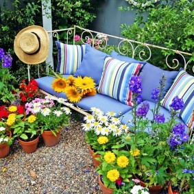 Zahradní lavička obklopená kvetoucími rostlinami