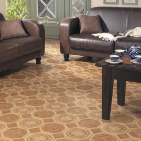 Brown linoleum with geometric patterns.