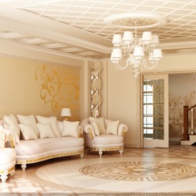 Chandelier with white shades in the classic room