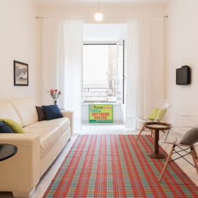A long rug in a narrow living room