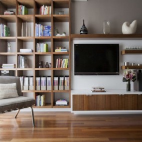 Wooden shelving in the room with laminate