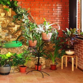 Mursten loggia med indendørs planter