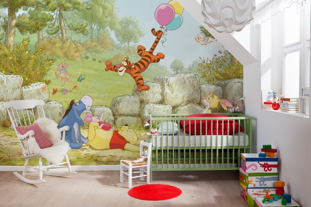 חדר ילדים עם טפט תמונות 3d על קיר המבטא