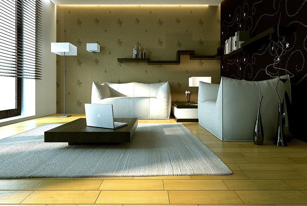 Palatul luminos pe podea într-un living minimalist