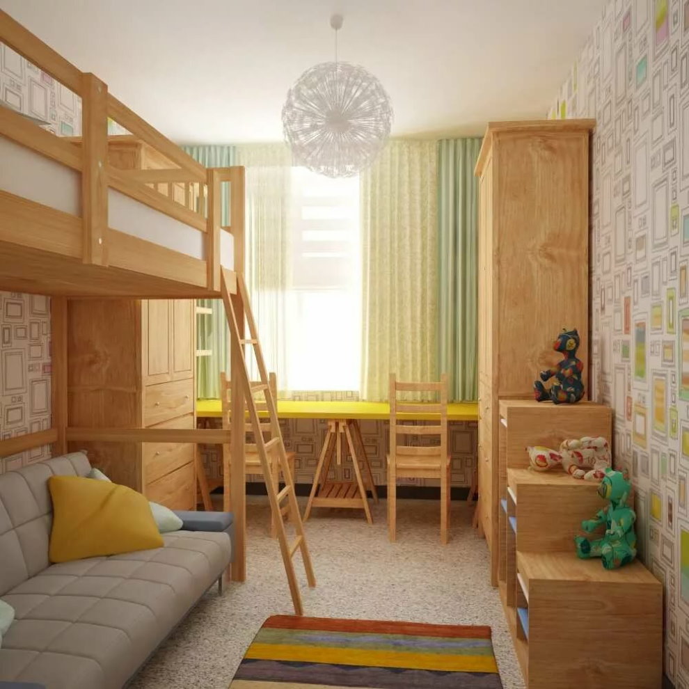 Fából készült bútorok egy kis szobában két gyermek számára