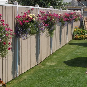 Jardinière avec des fleurs sur une clôture en bois