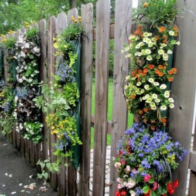 Pots of color on fence boards
