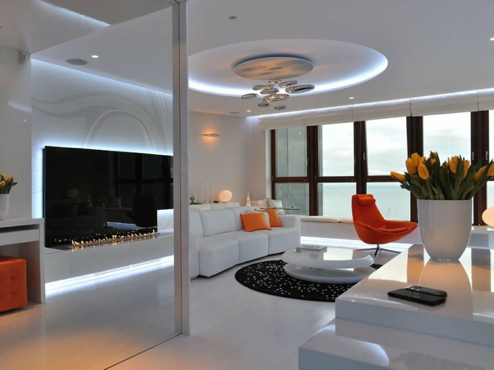 High-tech zoning of a living room with lighting fixtures
