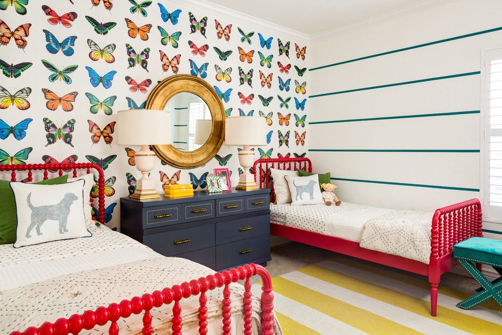 Butterflies on paper wallpaper in a children's bedroom