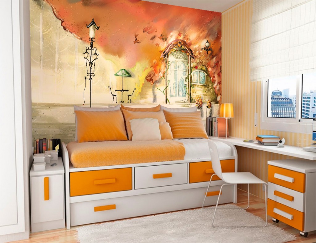 Oranžová barva v interiéru dívčí místnosti