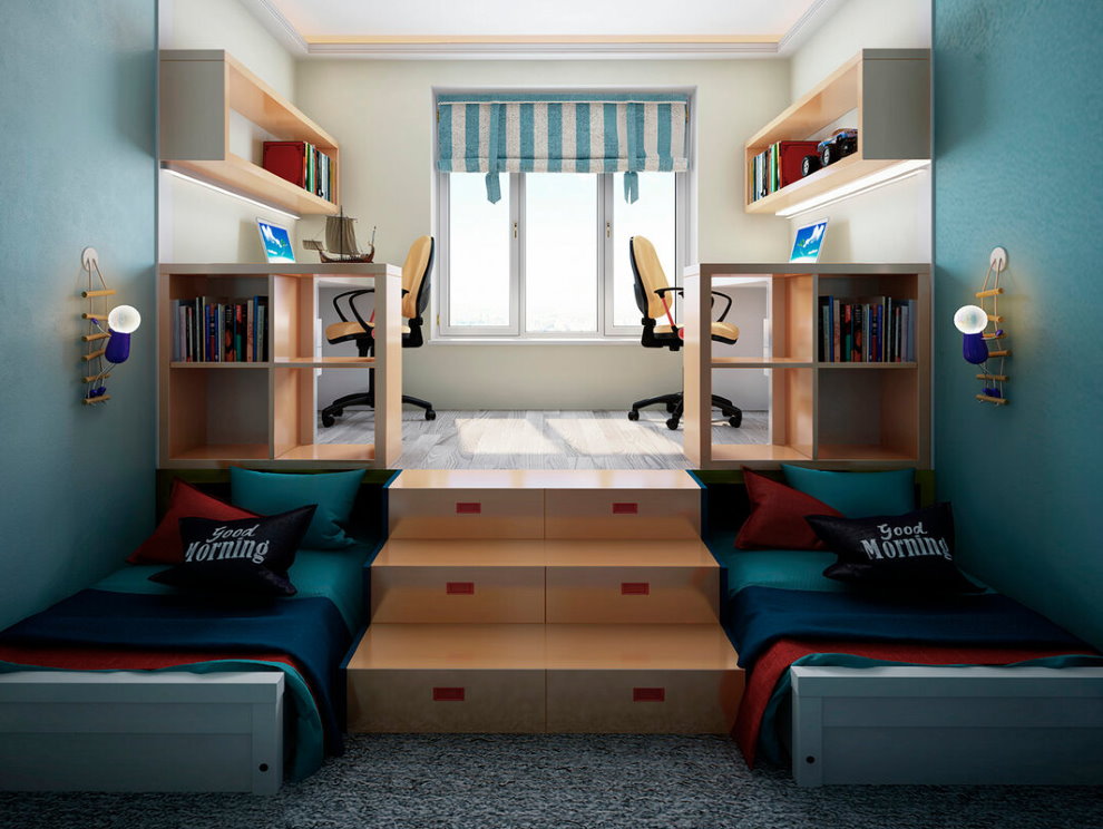 Унутрашњост малог дечијег кревета са креветима у подијуму.