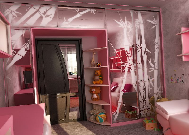 خزانة ملابس وردية في غرفة نوم البنات