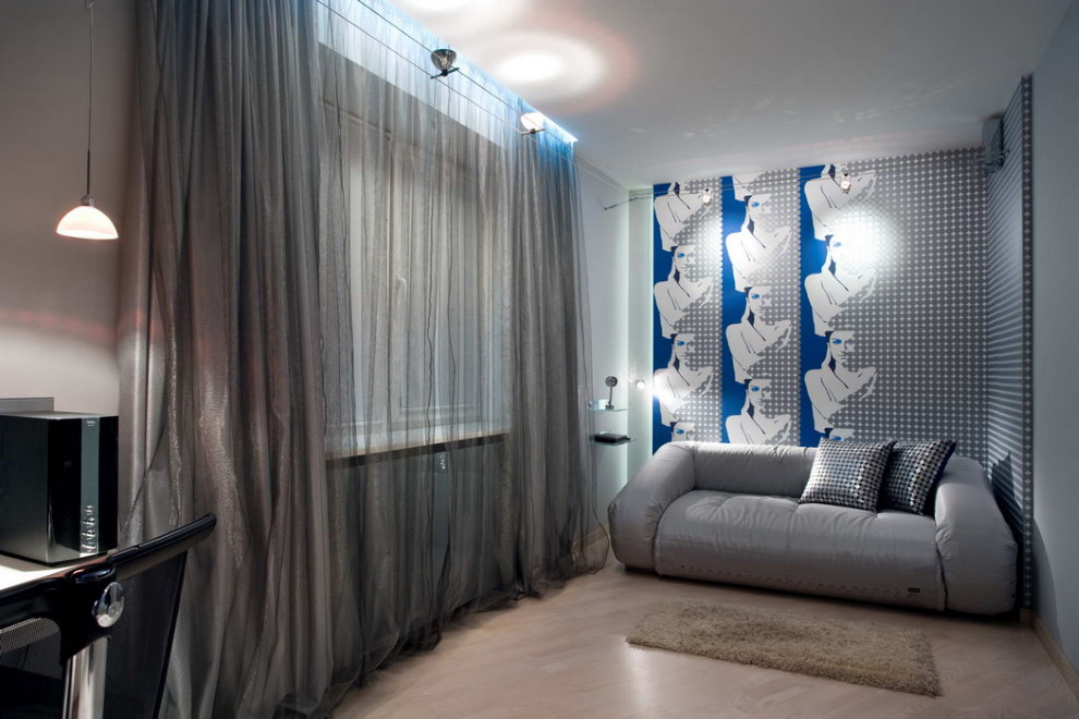 Dark curtains to match the upholstery of the sofa in the high-tech style hall