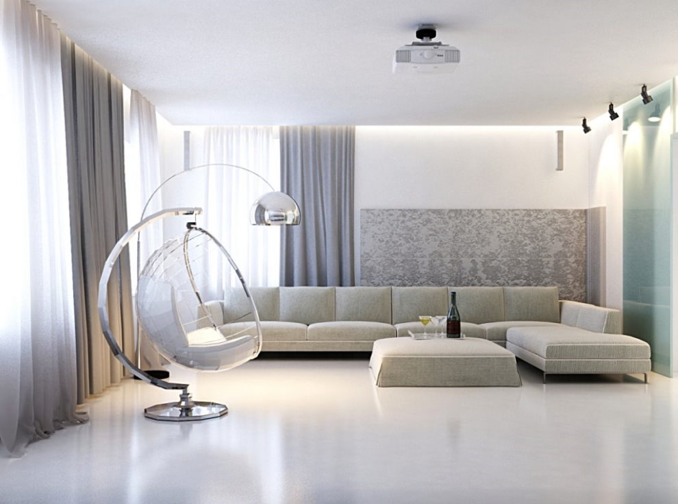 Perdele gri deschis într-un living în stil minimalist