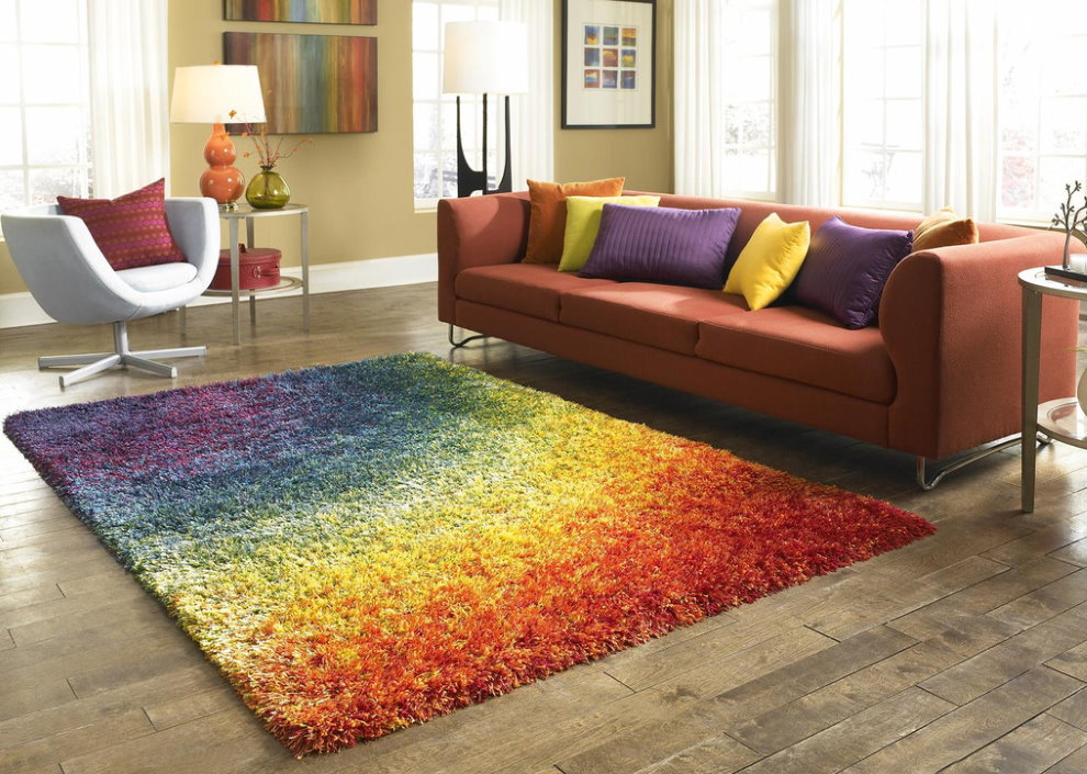 Colored polypropylene rug with a long pile