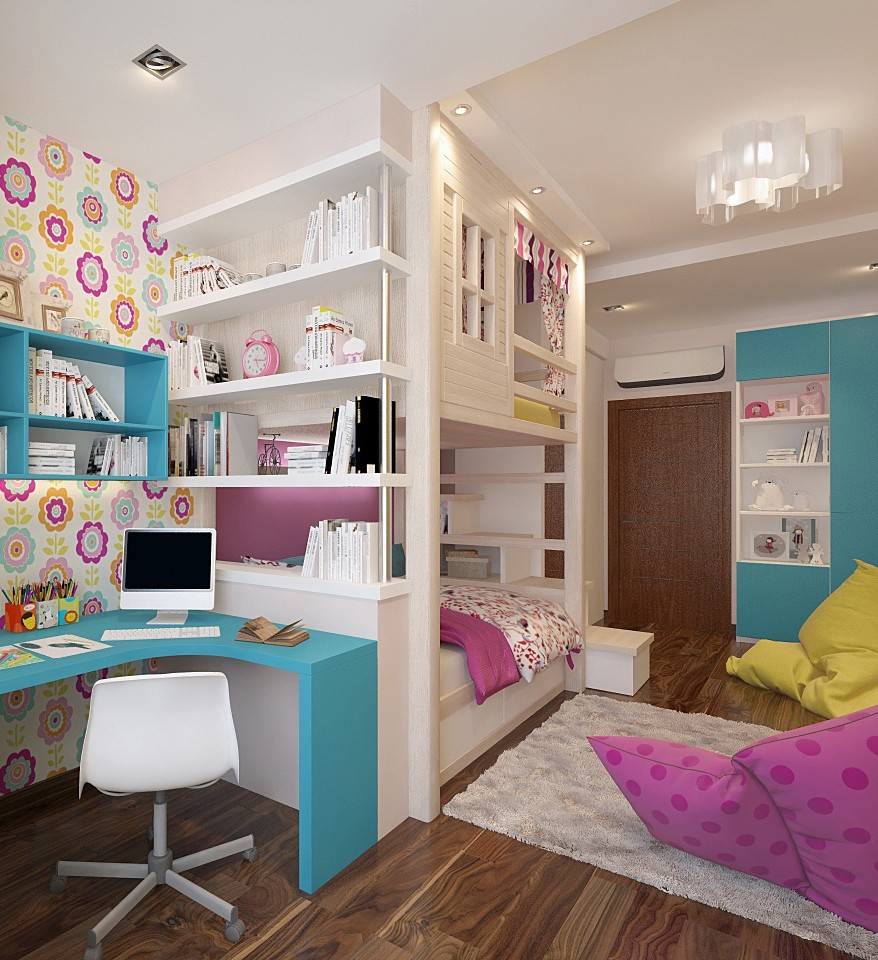 Shelving in a room with a bunk bed