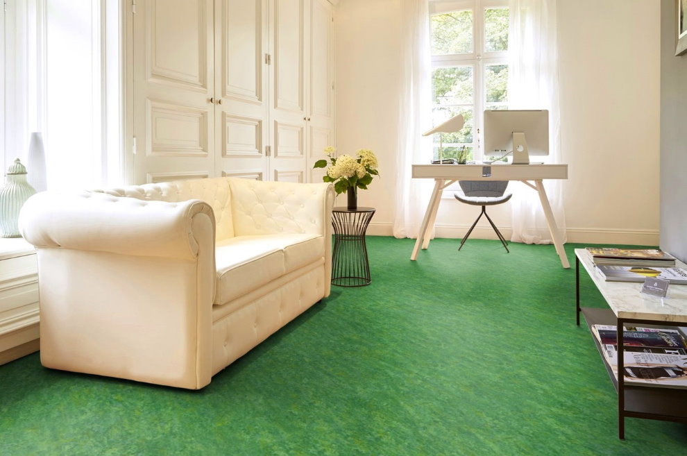 Light sofa in the hall with green linoleum
