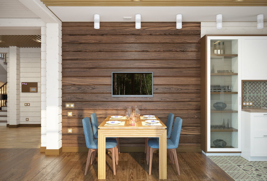 Dizaina akcentu siena koka mājas virtuvē-viesistabā