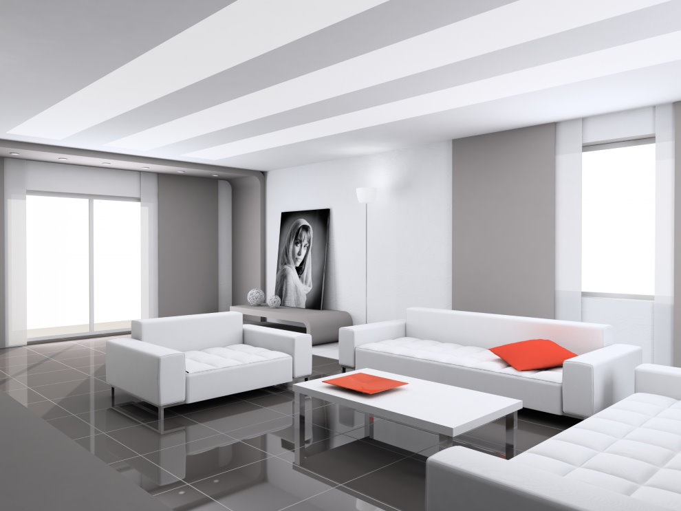 Fehér bútorok egy high-tech nappali szürke padlóján