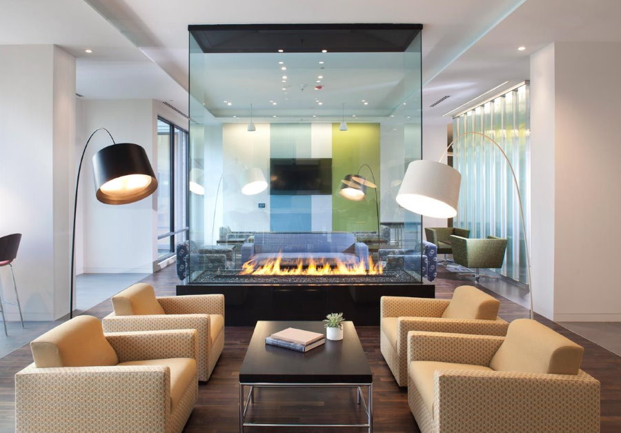 Panoramic bio-fireplace in a spacious room of a private house