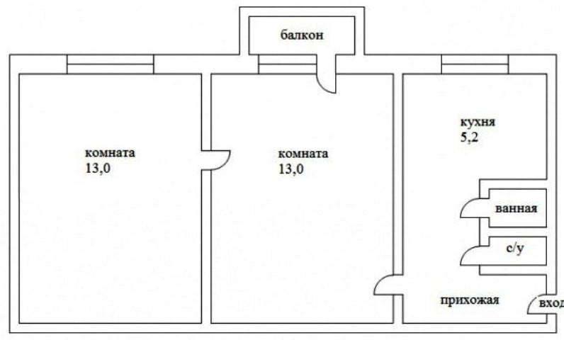 dviejų kambarių Chruščiovo projekto planas