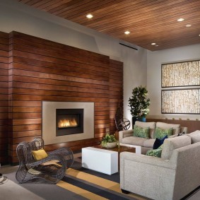 Wood wall decoration with fireplace