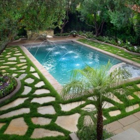 Rektangulær pool med dekorative springvand