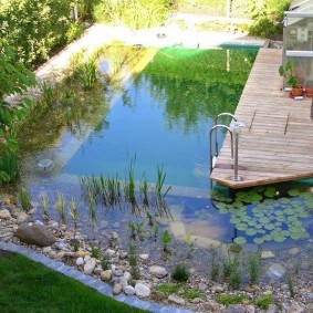 Puente de madera para nadar en un estanque artificial