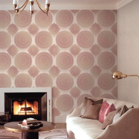 Wallpaper on the wall of the hall with a fireplace