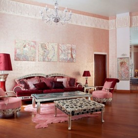 Large room with pink wallpaper
