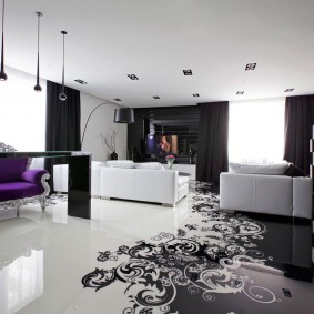 Intricate patterns on the living room floor in a modern style