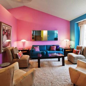 The combination of pink and blue colors in the interior of the hall