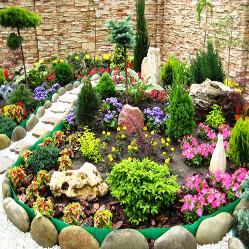 beautiful flower bed made of stone