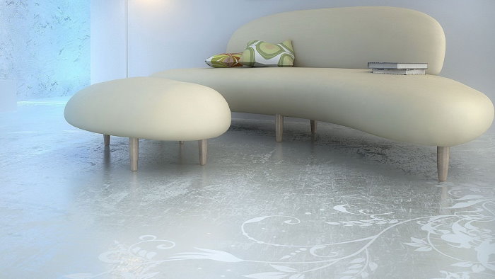 Dizainerio baldai ant polimerinių grindų gyvenamajame kambaryje
