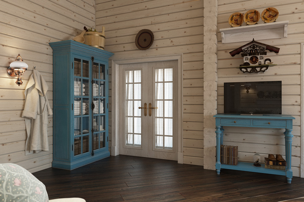 Blue furniture in a wooden house made of timber