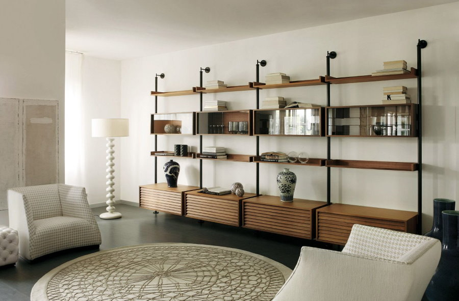 Open bookcase on the accent wall of a modern living room