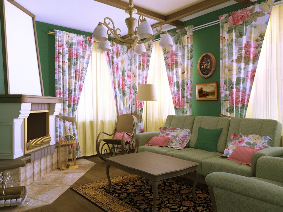 Provansas stila viesistabas interjers ar dīvānu.